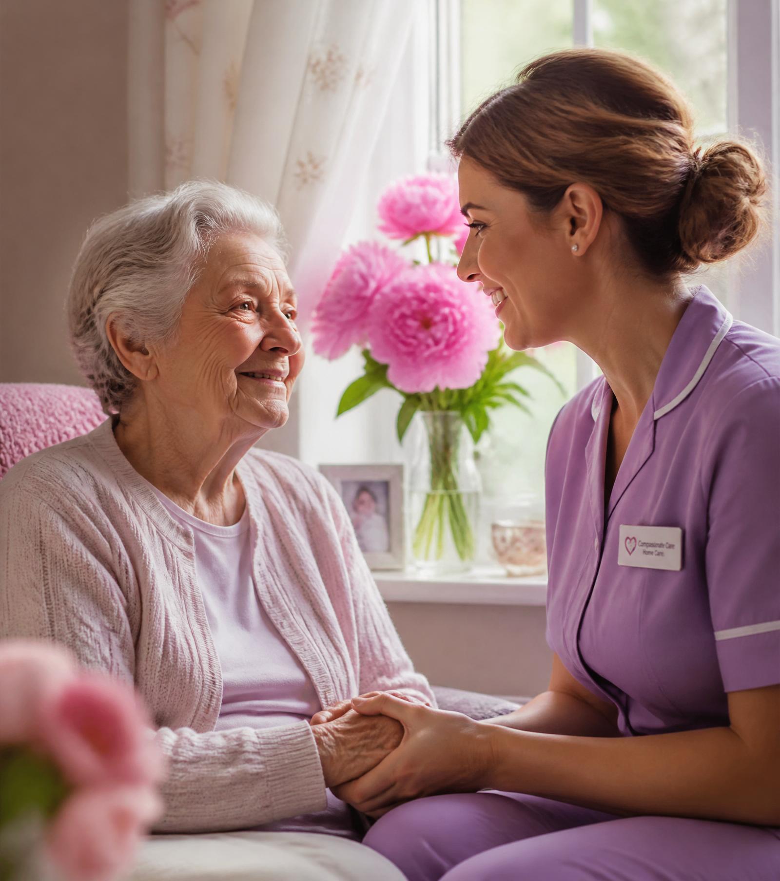 Blossom caregiver holding hands with an elderly woman